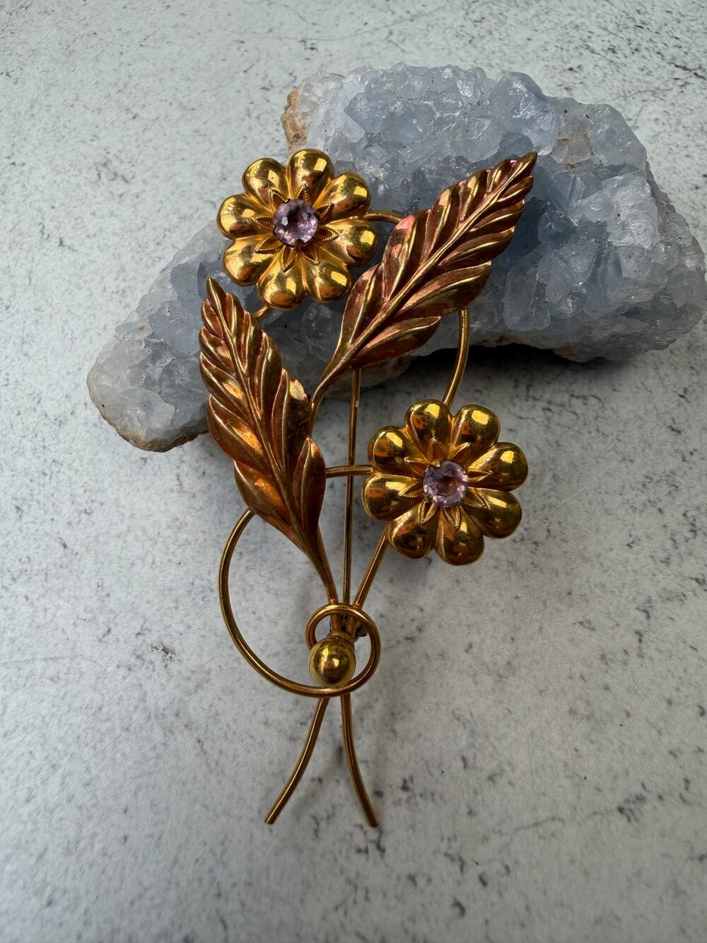 Vintage Hobson 1/20 12k Gold Filled Floral Brooch Pink Crystal Flower Bouquet